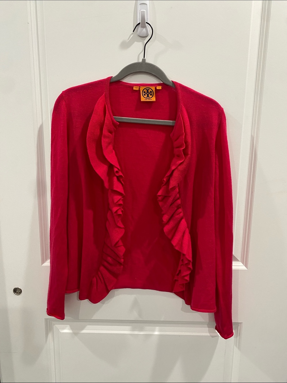 Tory Burch Pink Ruffle Open Front Cardigan Merino Wool Size Small - Picture 5 of 14